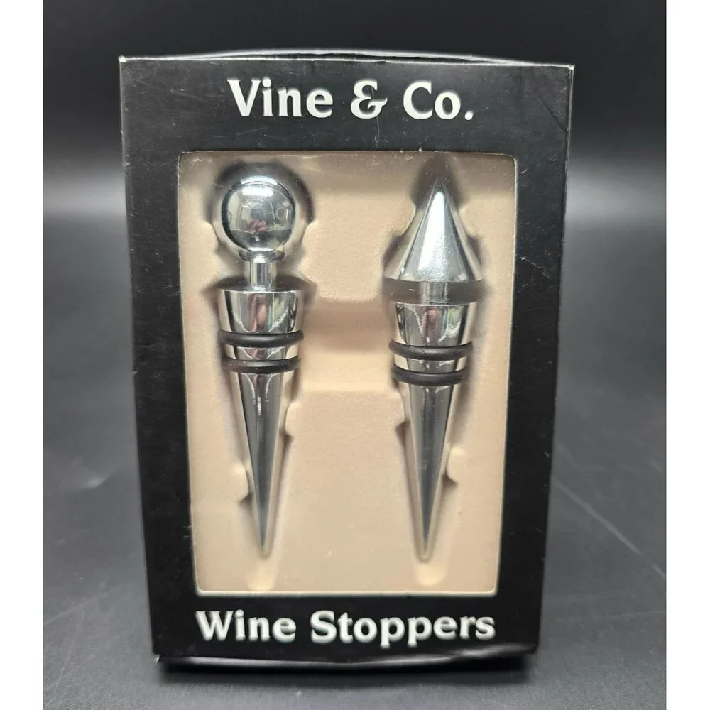 Silver Wine Stoppers Set Of 2 Vine & Co. Unique Designs Barware NIB JJ3971